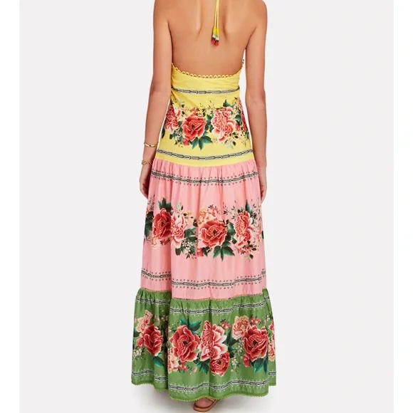 Farm Rio Manuela Halter Floral Scalloped Colorful Pastel Maxi Dress